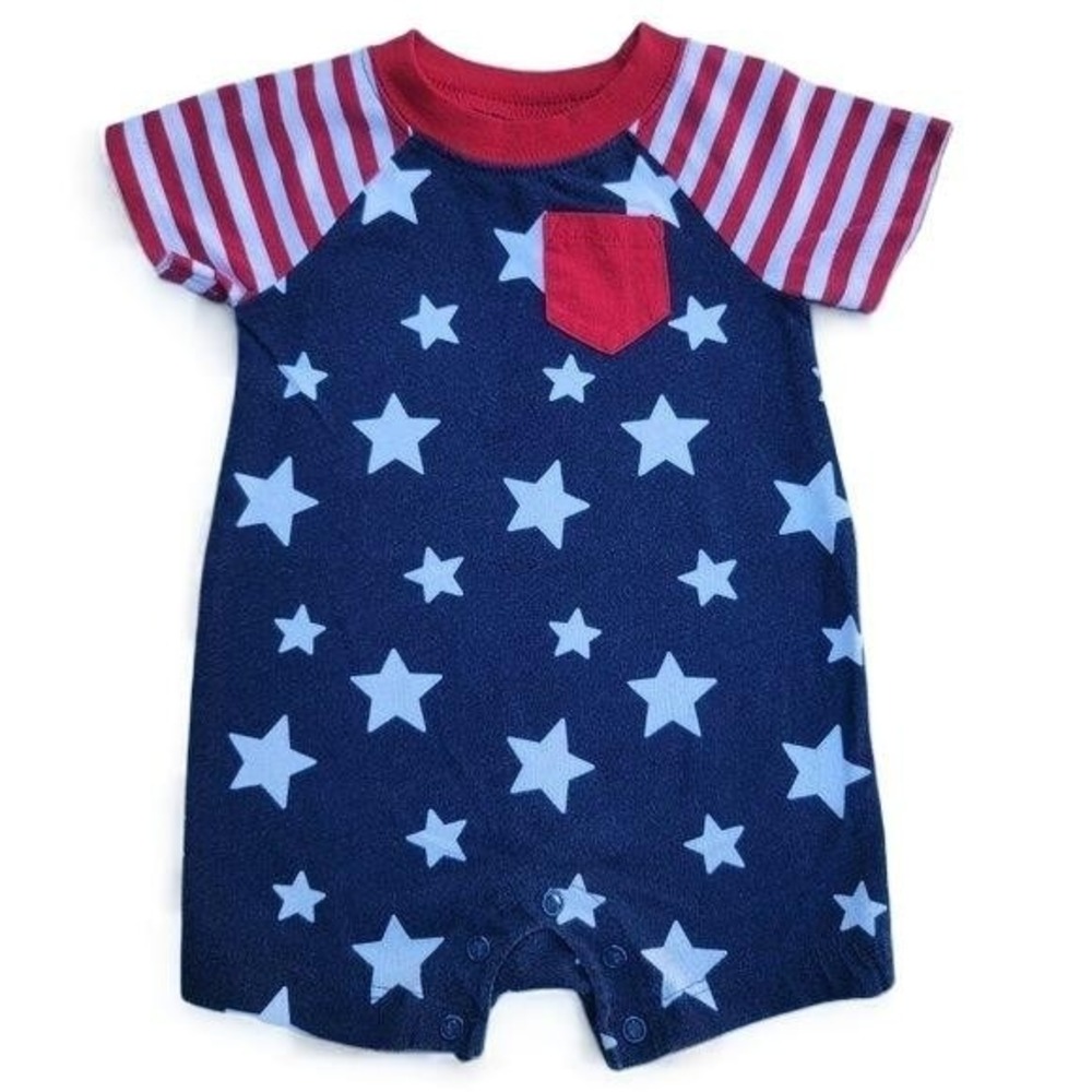 Patriotic American Flag Snap Pocket Shorty Romper Size 0-3m Cotton Forth of July